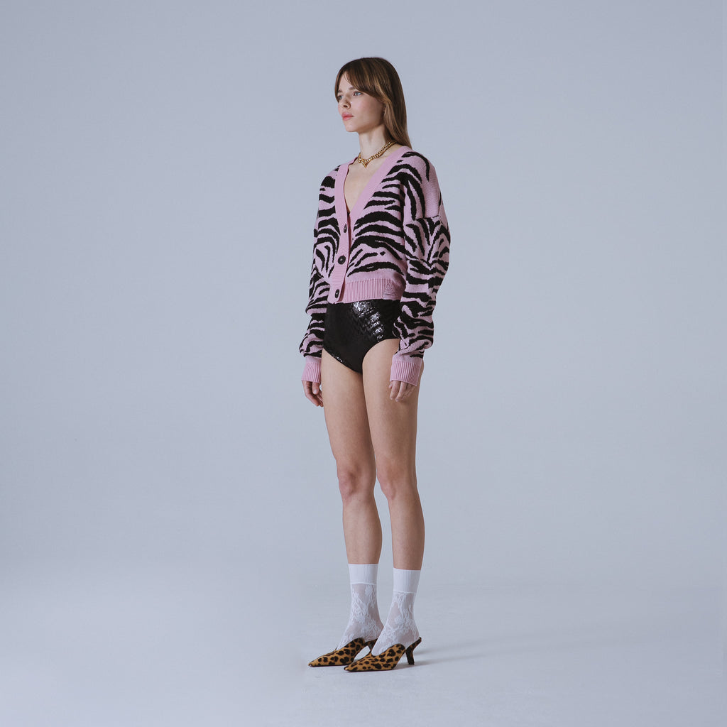 Sveta Milano Cardigan corto jacquard Dakota in rosa e nero Outlet