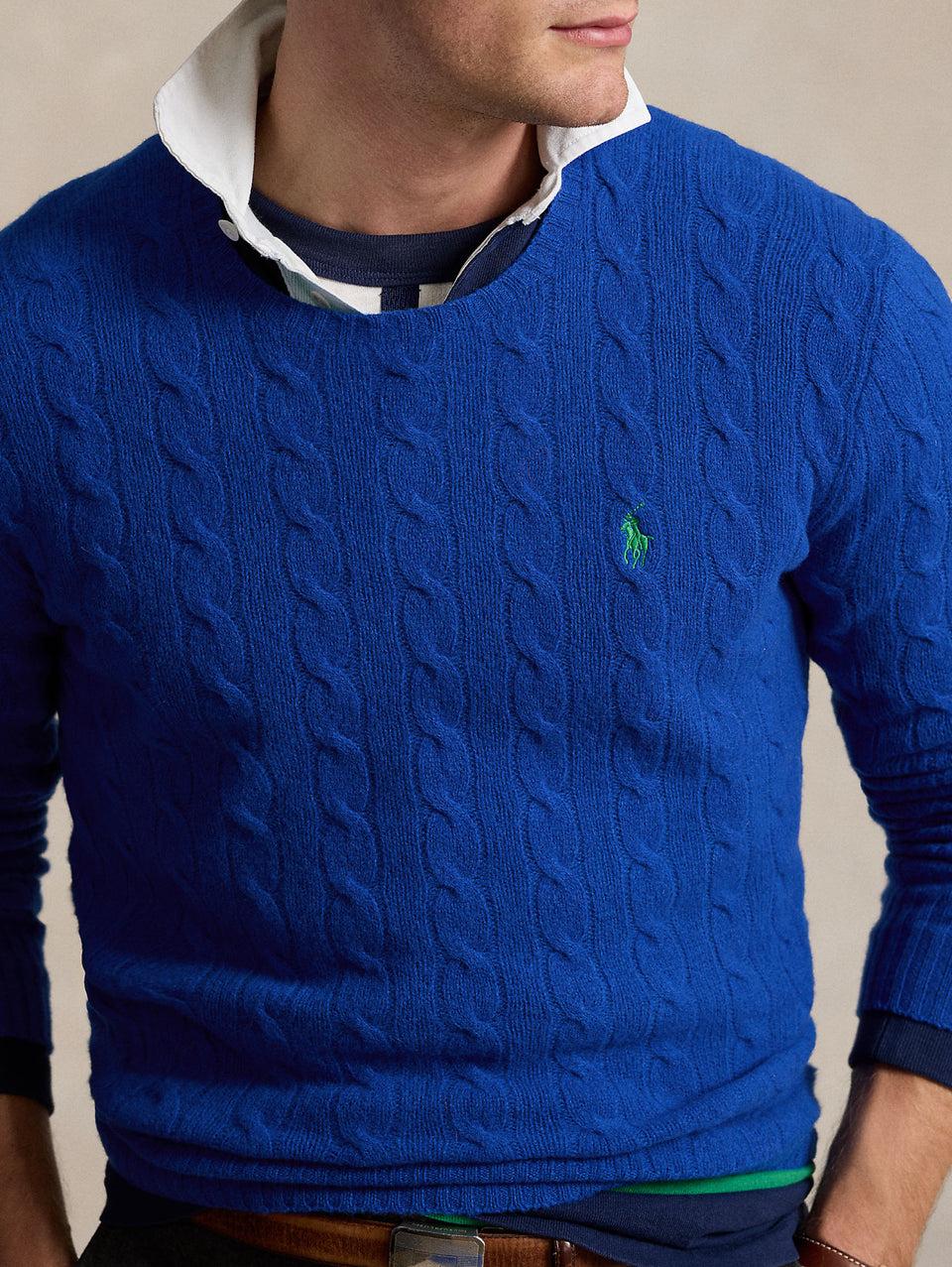 RALPH LAUREN Maglia in Lana e Cashmere a Trecce Blu Offerta Giorno del Papà