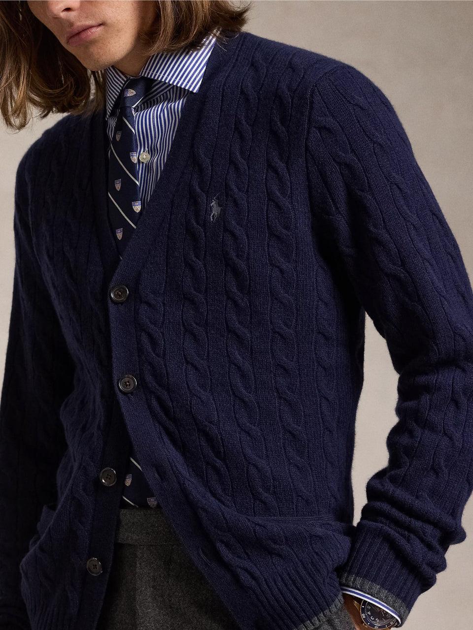RALPH LAUREN Cardigan in Lana e Cashmere a Trecce Blu In Linea