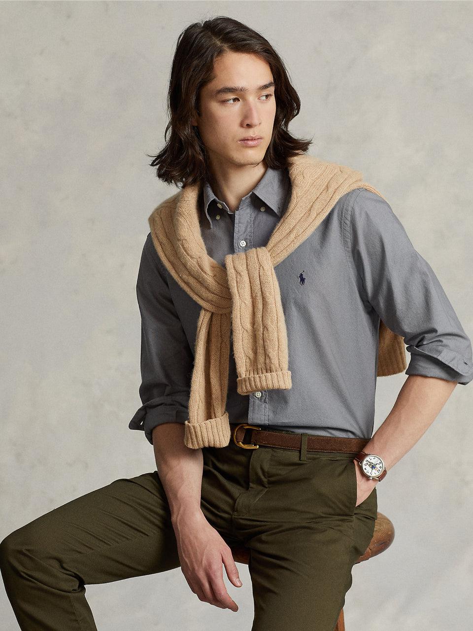 RALPH LAUREN Camicia in Cotone Oxford Slim Filt Grigia Spedizione gratuita