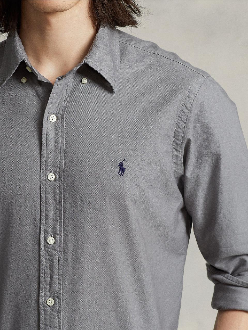 RALPH LAUREN Camicia in Cotone Oxford Slim Filt Grigia Spedizione gratuita