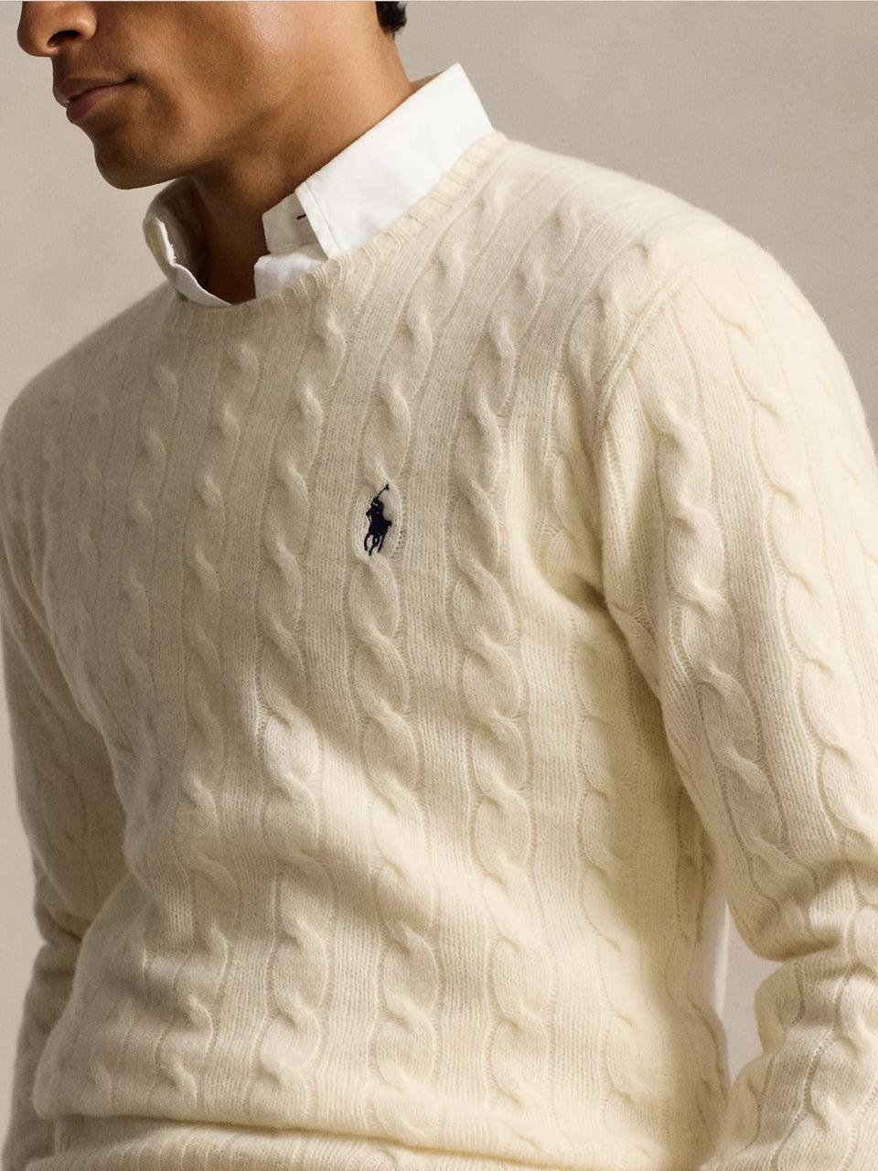 RALPH LAUREN Maglia in Lana e Cashmere a Trecce Crema Presa