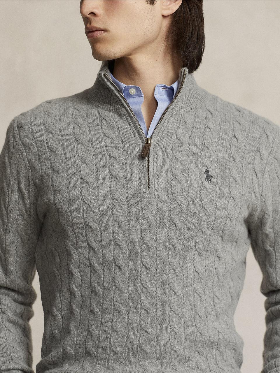 RALPH LAUREN Maglia Mezza Zip a Trecce Grigio In Vendita