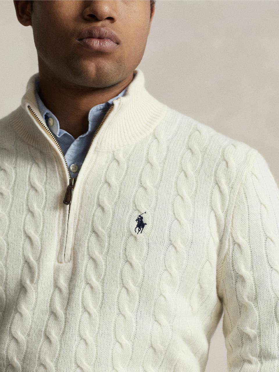 RALPH LAUREN Maglia Mezza Zip a Trecce Crema Saldi