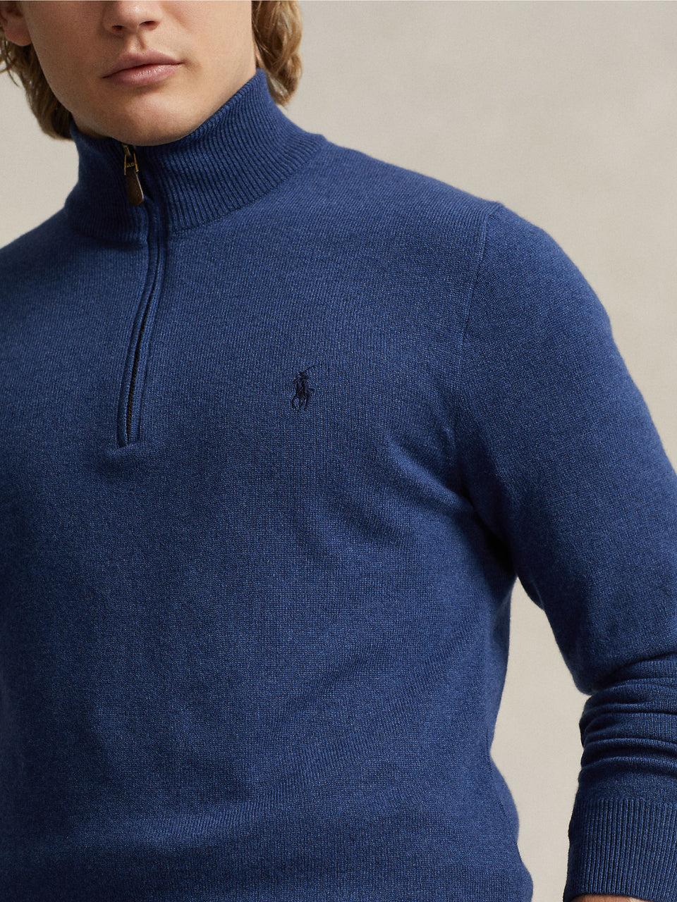 RALPH LAUREN Maglia con Mezza Zip in Lana Blu Offerte