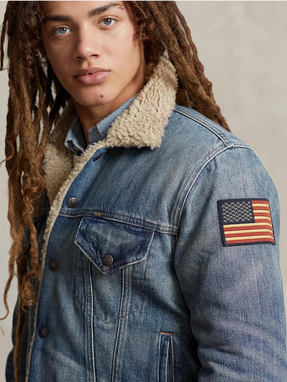 RALPH LAUREN Giacca in Denim con Fodera in Pile Blu Grande vendita