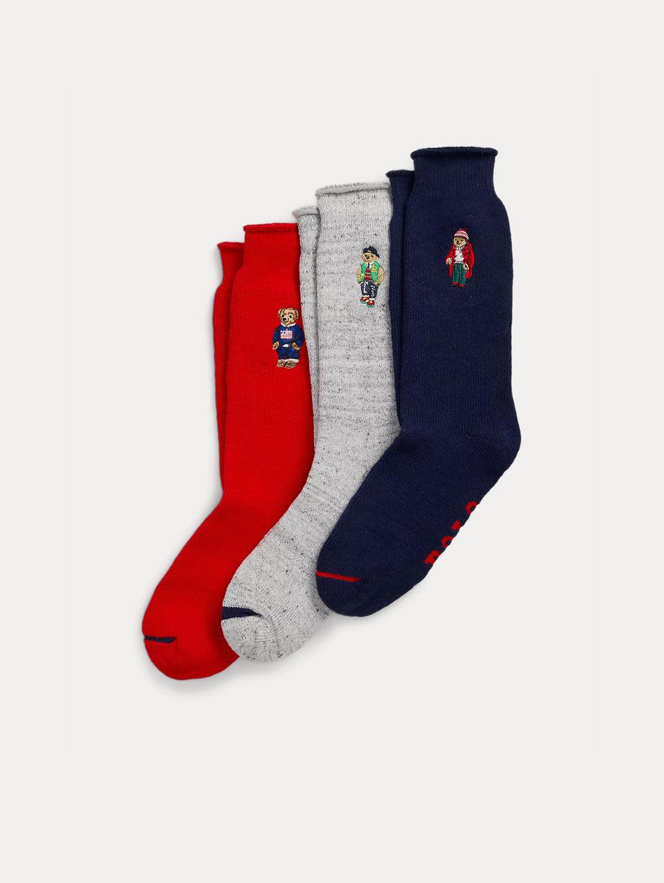 RALPH LAUREN Cofanetto Calze con Ricamo Polo Bear Grigio/Blu/Rosso Offerte