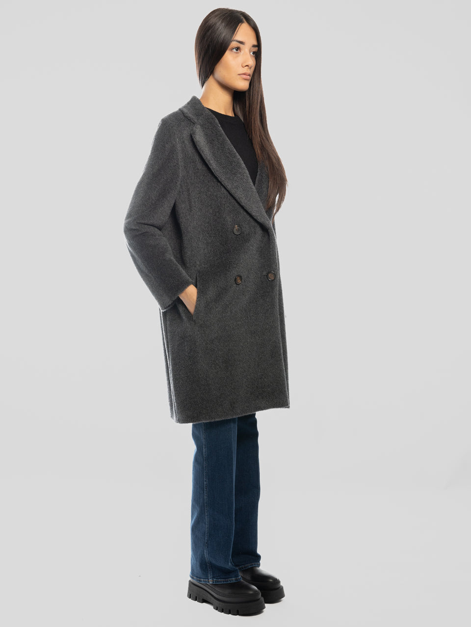 MAX MARA Cappotto Doppiopetto in Alpaca e Lana Roseto Grigio Vendite stagionali