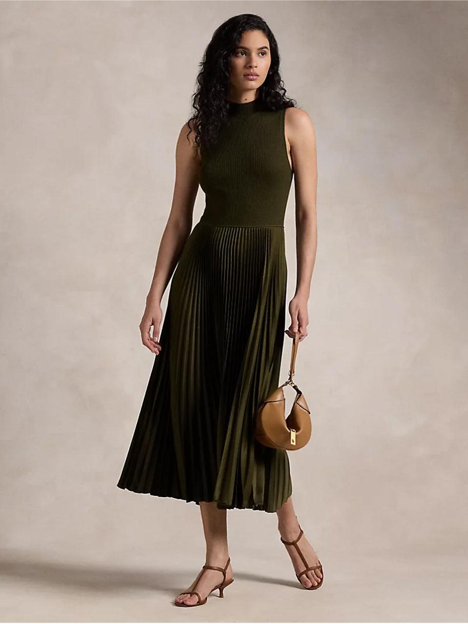 RALPH LAUREN Abito Senza Maniche da Cocktail Verde Loden Vendita calda