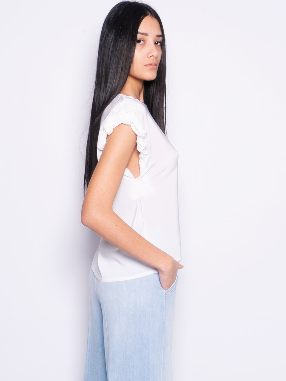 PINKO Blusa Girocollo con Lavorazione sulla Manica Bianco Sconti VIP