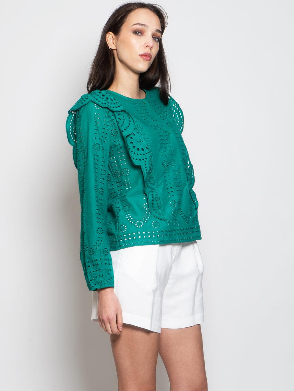 MUNTHE Blusa Girocollo in Cotone con Ricami Verde Ritorno libero