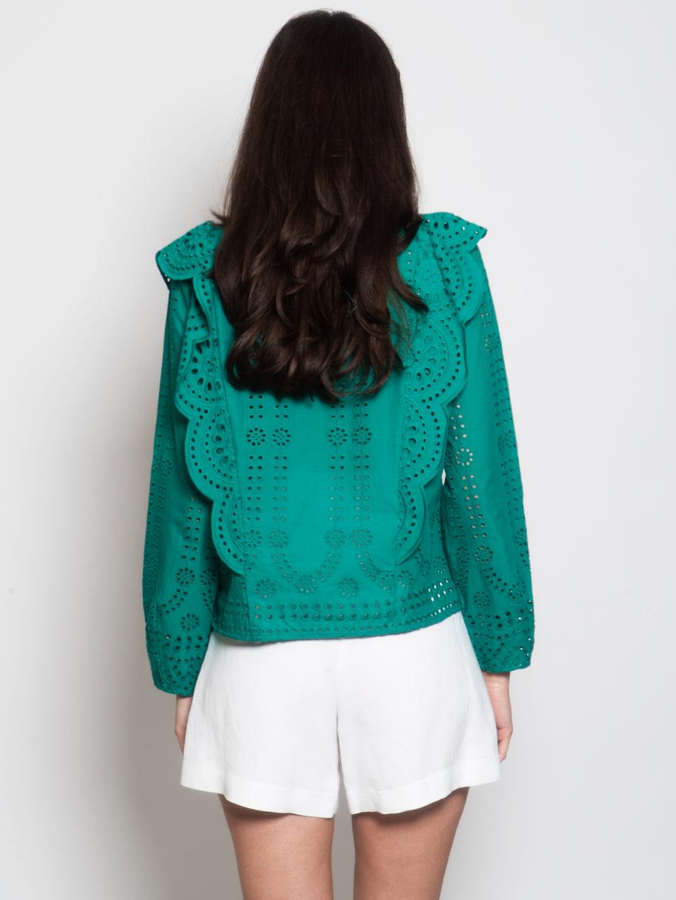 MUNTHE Blusa Girocollo in Cotone con Ricami Verde Ritorno libero