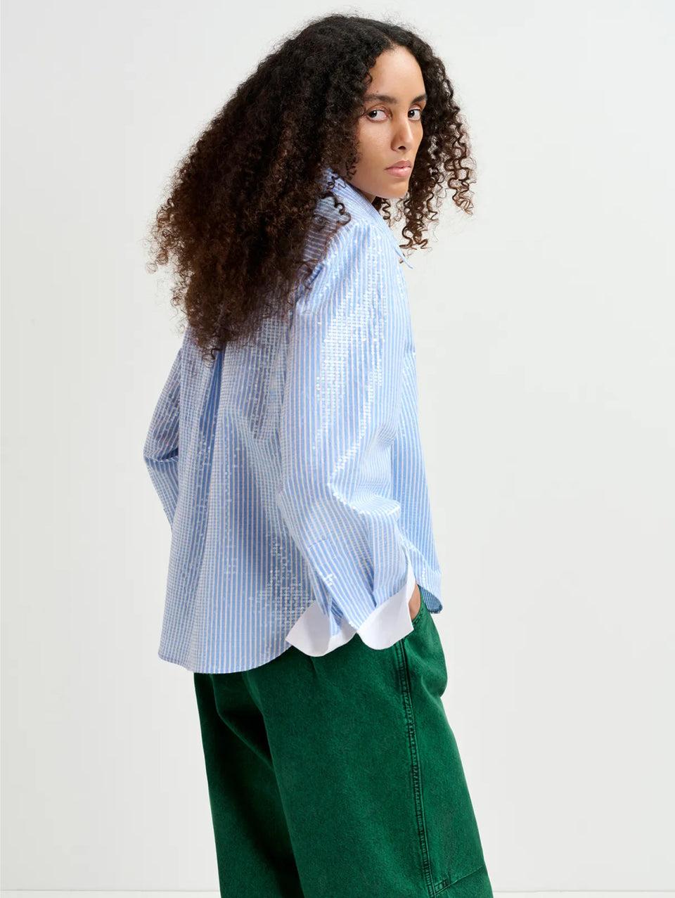 ESSENTIEL ANTWERP Camicia a Righe con Paillettes Bianco/Blu Only for today