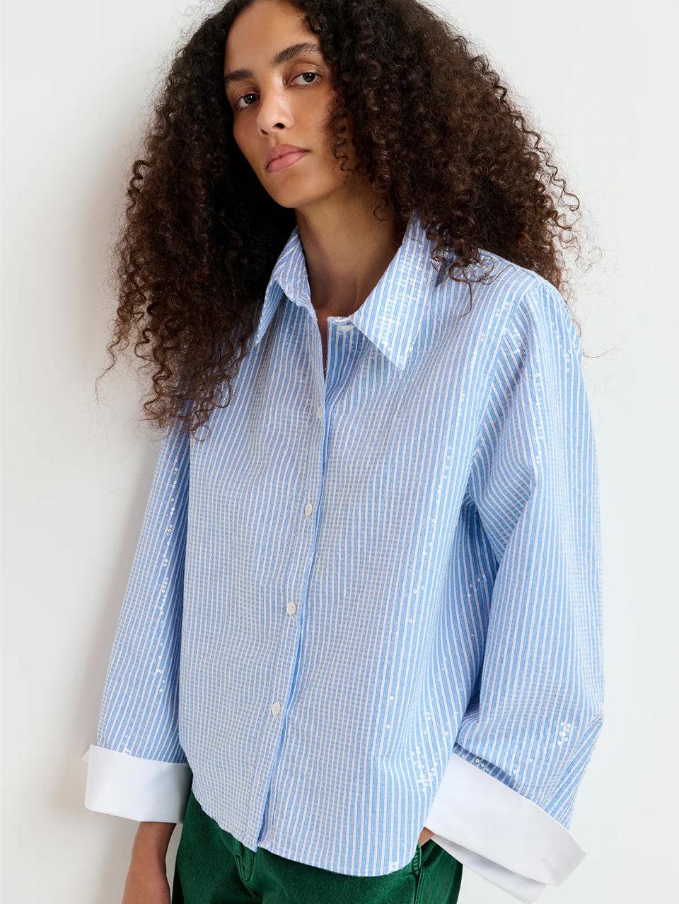 ESSENTIEL ANTWERP Camicia a Righe con Paillettes Bianco/Blu Only for today