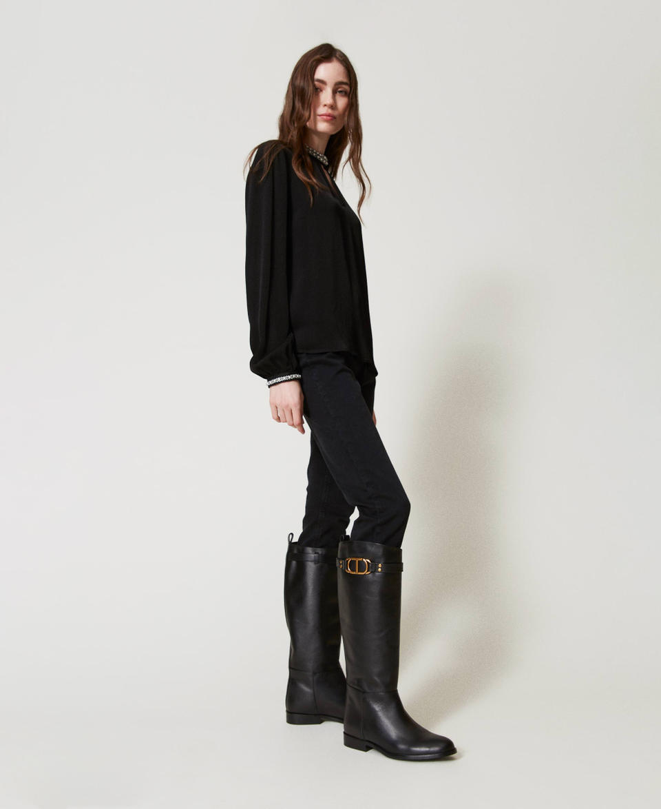 Twin Set Stivali alti in pelle con Oval T Offerta temporanea