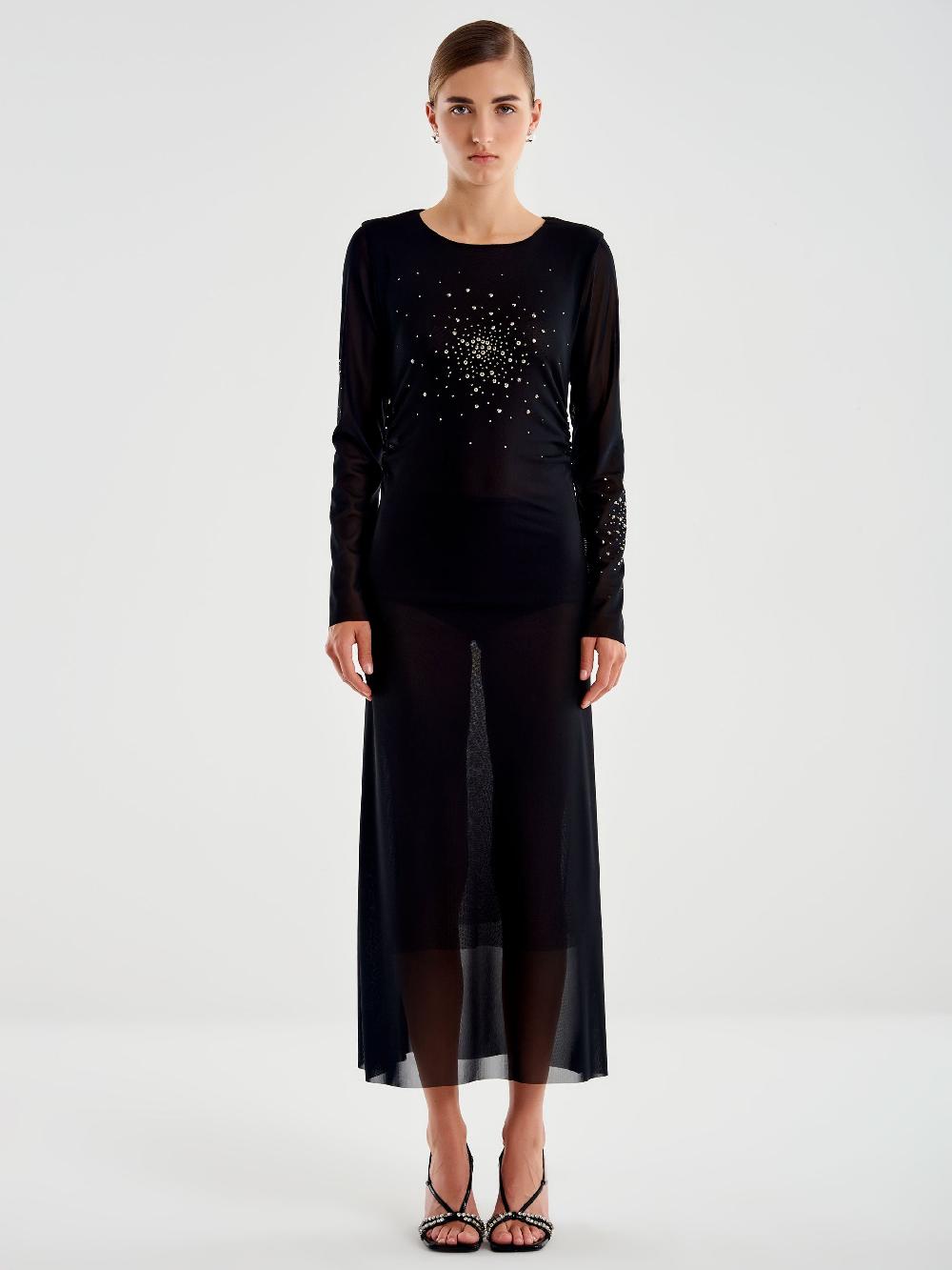 Vicolo Abito lungo in Tulle Trasparente con Strass Nero Consegna Veloce