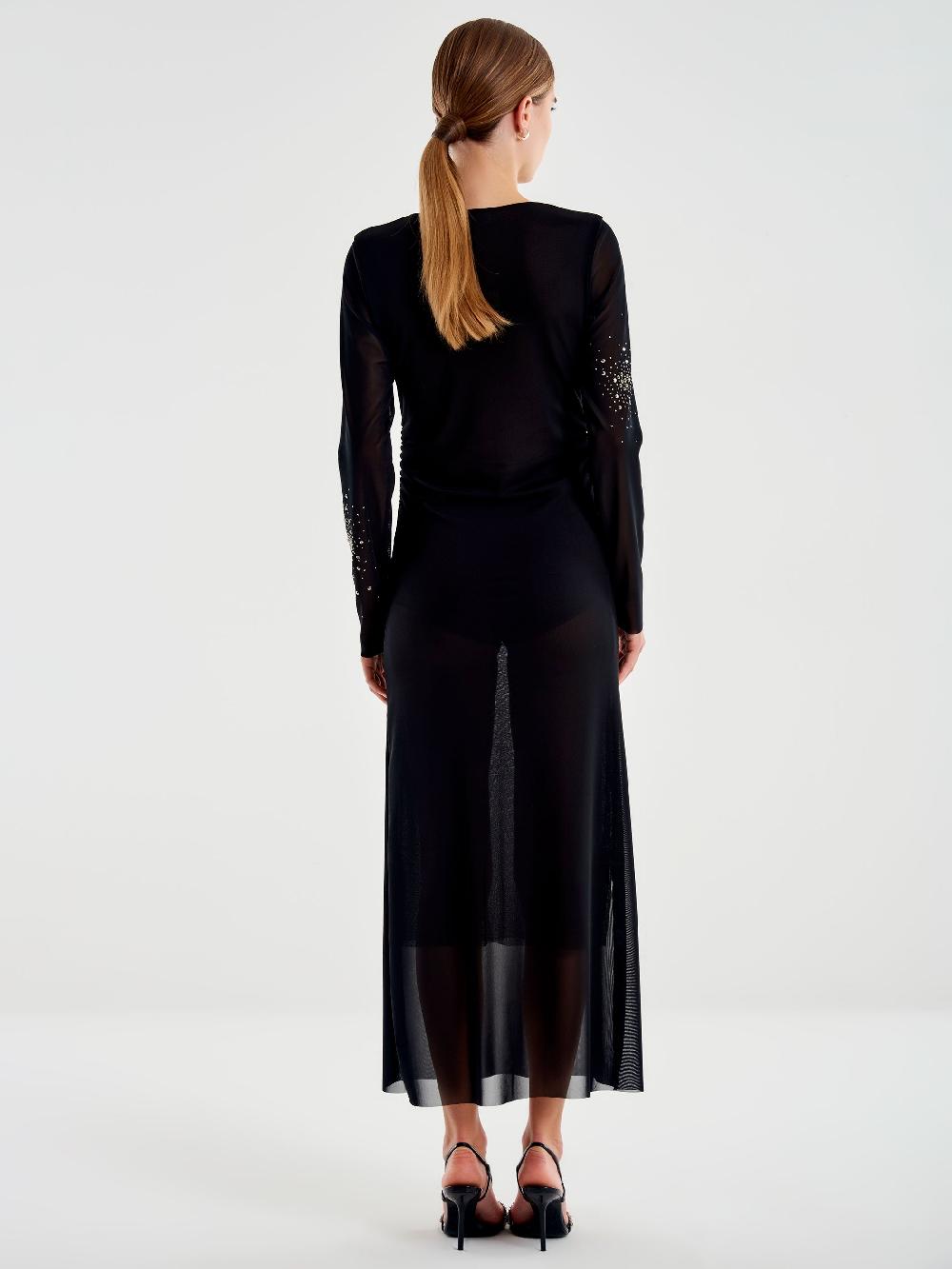 Vicolo Abito lungo in Tulle Trasparente con Strass Nero Consegna Veloce