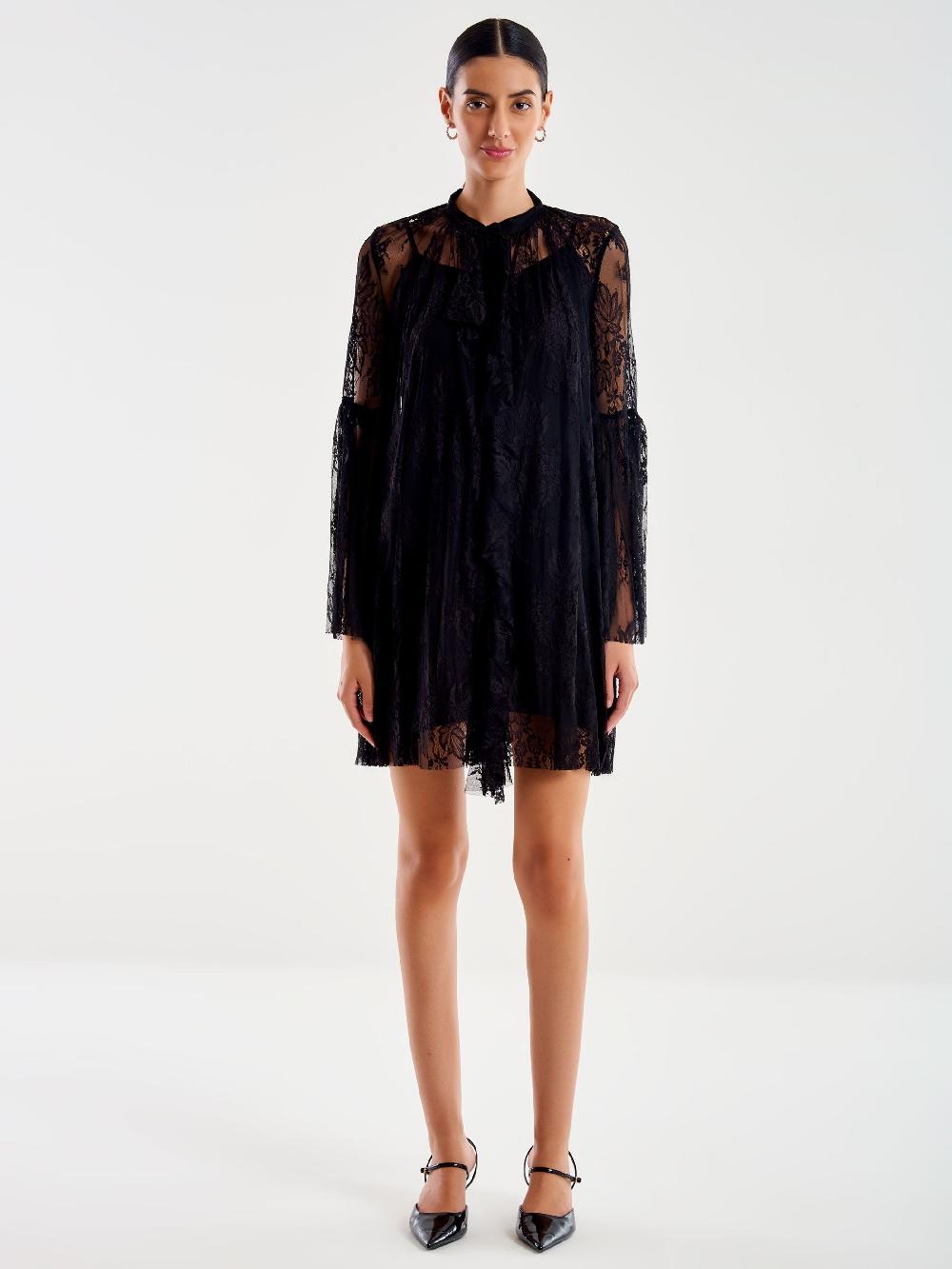 Vicolo Abito Corto in Pizzo con Jabot Nero Presa