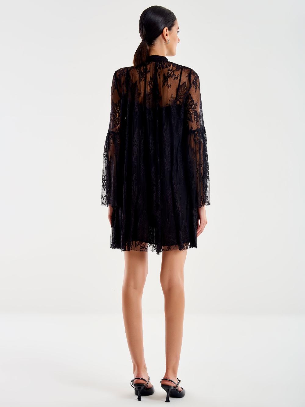Vicolo Abito Corto in Pizzo con Jabot Nero Presa