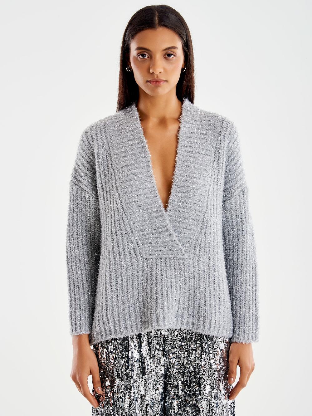 Vicolo Pull Scollo a V Profondo Lurex Grigio Outlet