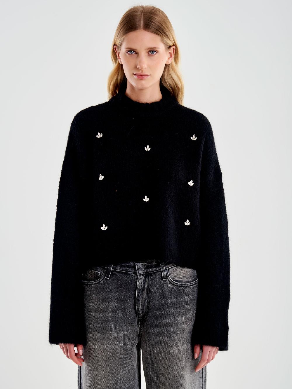 Vicolo Pull Girocollo con Cabochon Applicati Nero Offerte