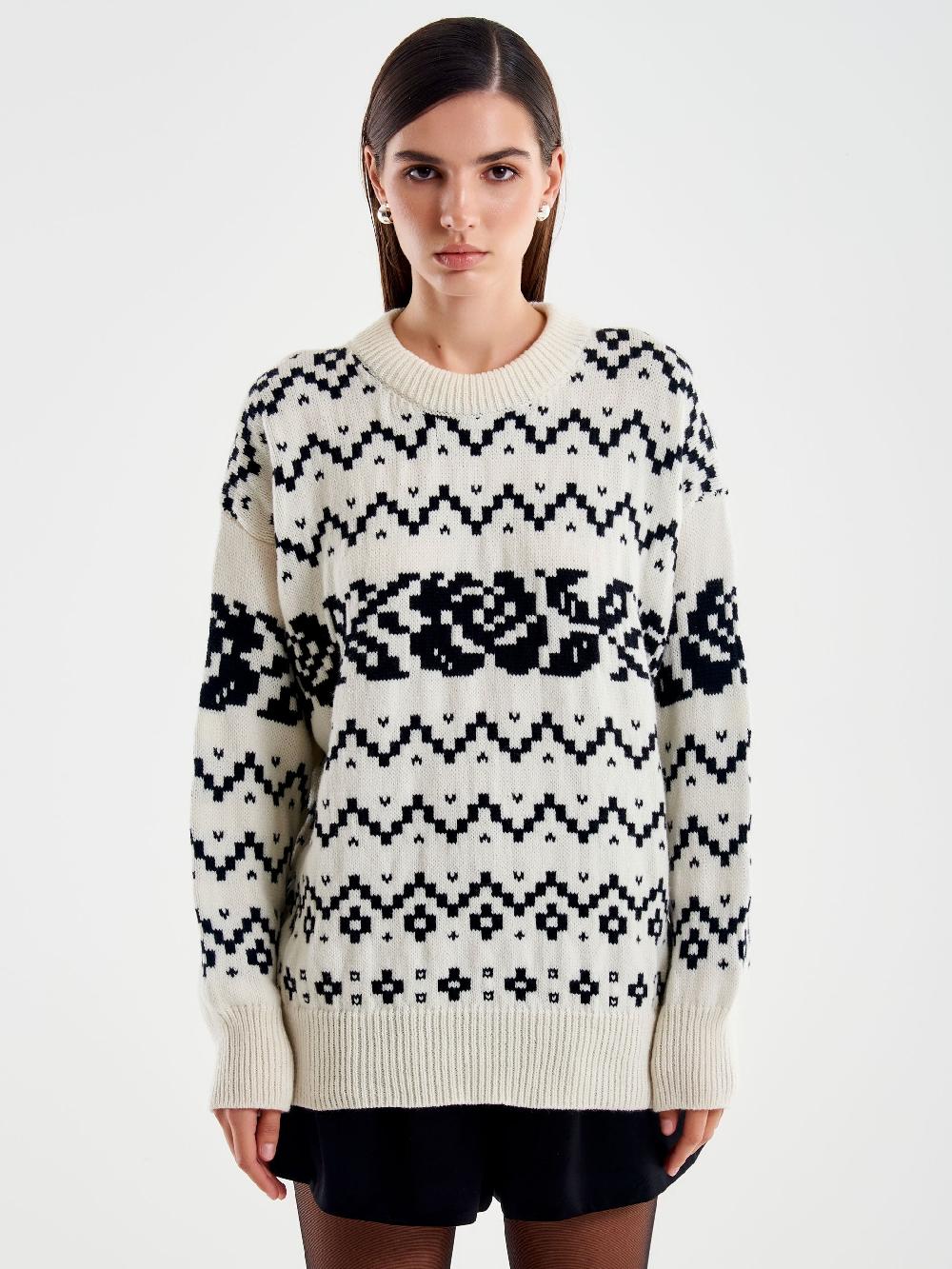 Vicolo Pull Jaquard Rose Stilizzate Bianco Saldi Di Fabbrica
