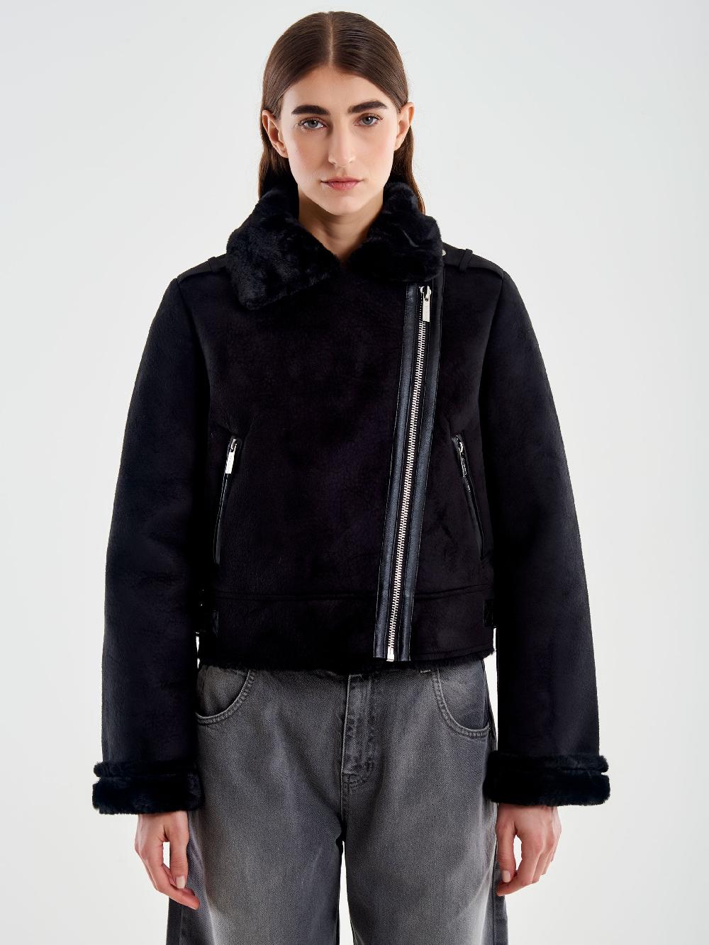 Vicolo Giubbotto Cropped Effetto Scamosciato Nero Sconto di tempo limitato