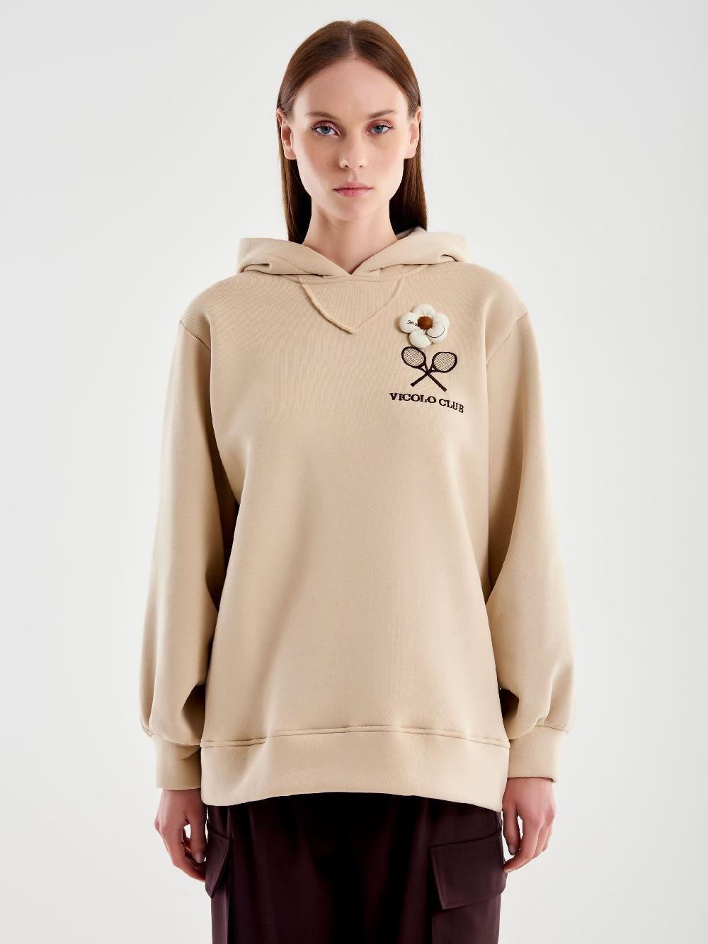 Vicolo Felpa Over con Cappuccio e Ricamo Beige Ritorno libero