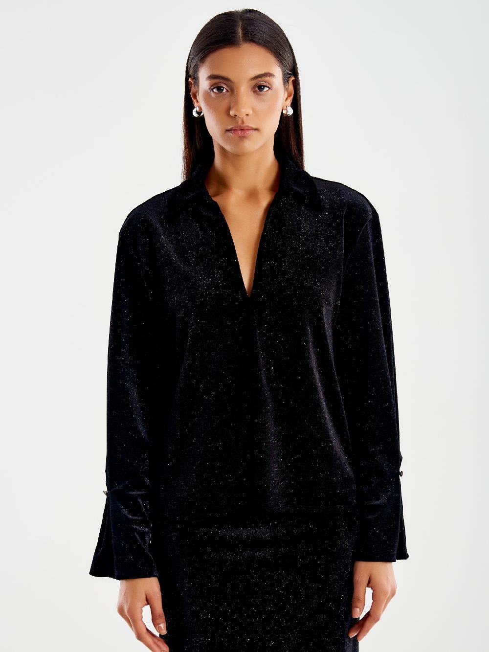 Vicolo Camicia in Ciniglia con Glitter Nero Fino al 60% di sconto