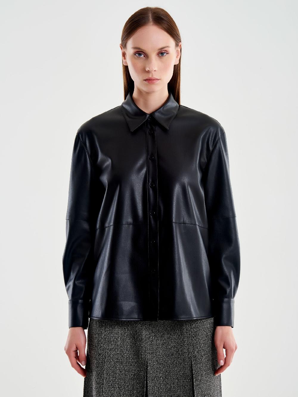 Vicolo Camicia Effetto Pelle Nero Offerta speciale della fabbrica