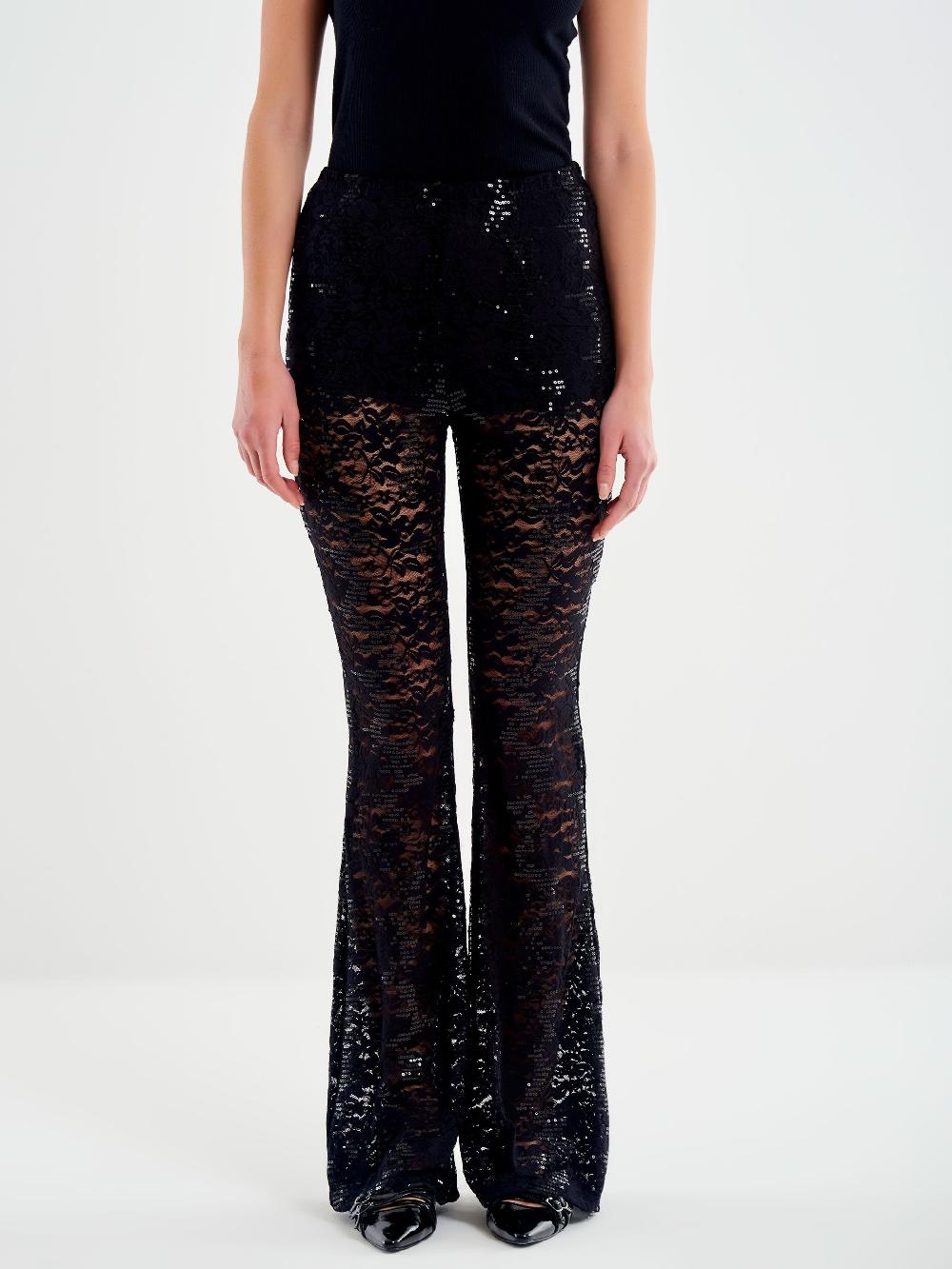 Vicolo Pantalone Ampio In Pizzo e Paillettes Nero In vendita