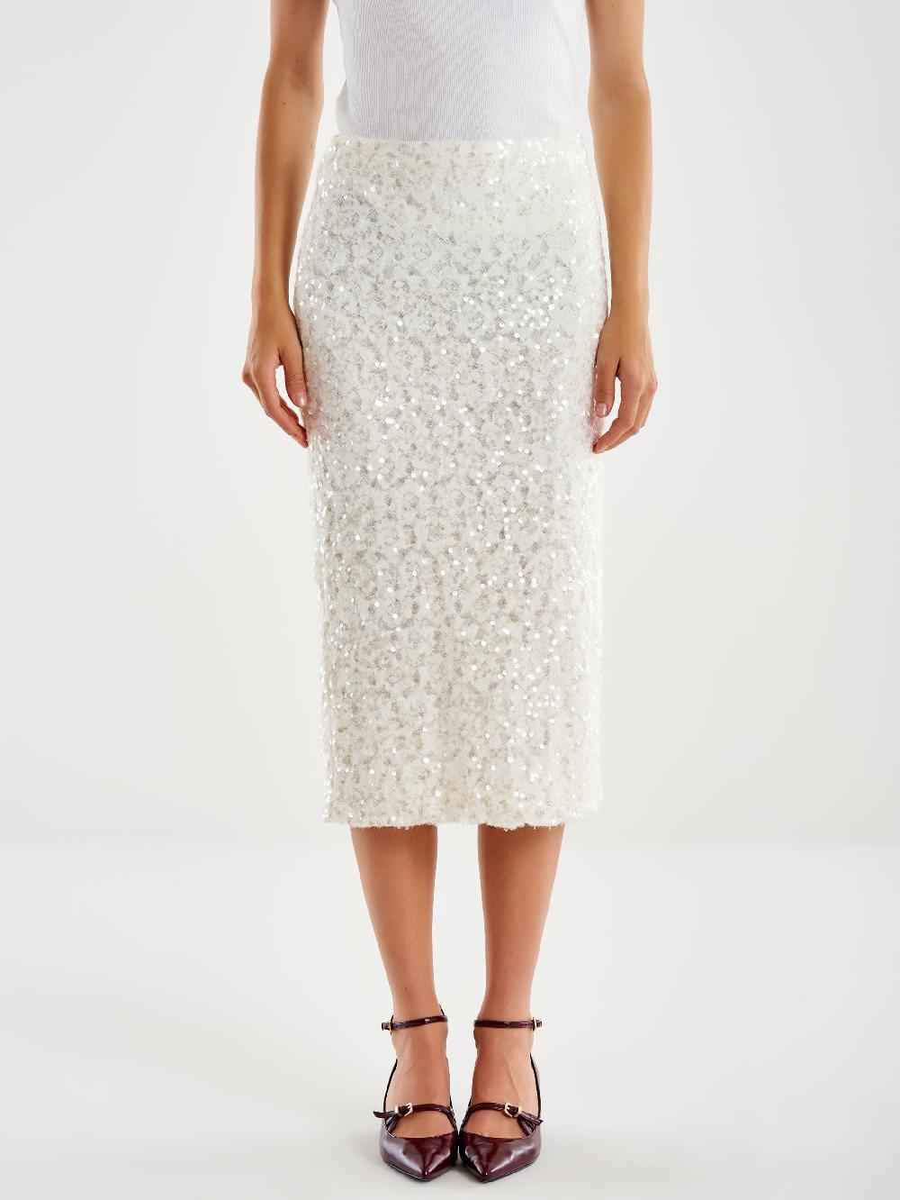 Vicolo Gonna Longuette in Pizzo e Paillettes Bianco Spedizione Gratuita