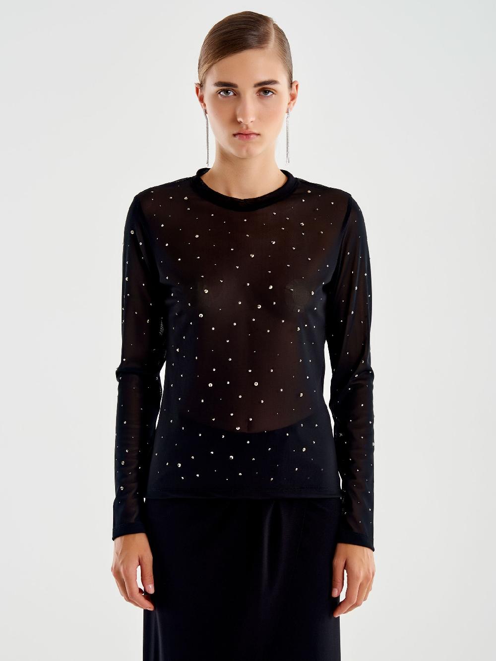 Vicolo Maglia in Tulle con Strass Nero Presa