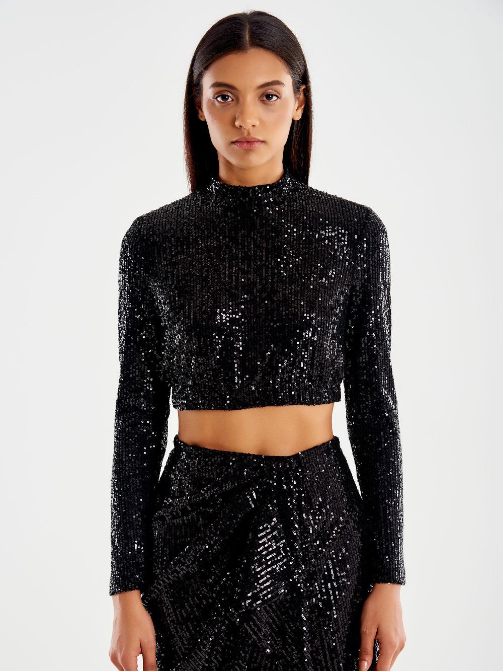 Vicolo Top Cropped Paillettes Nero Offerta