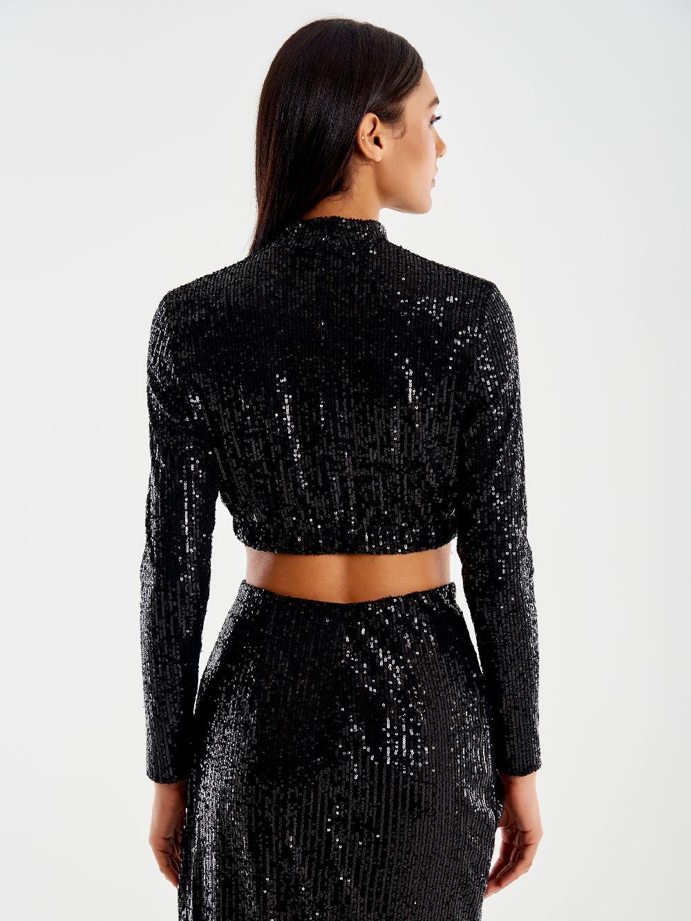 Vicolo Top Cropped Paillettes Nero Offerta