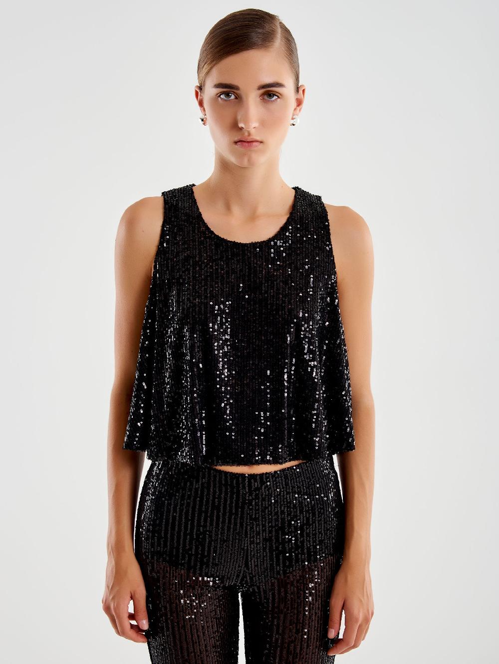 Vicolo Top Cropped a Ruota in Paillettes Nero Online