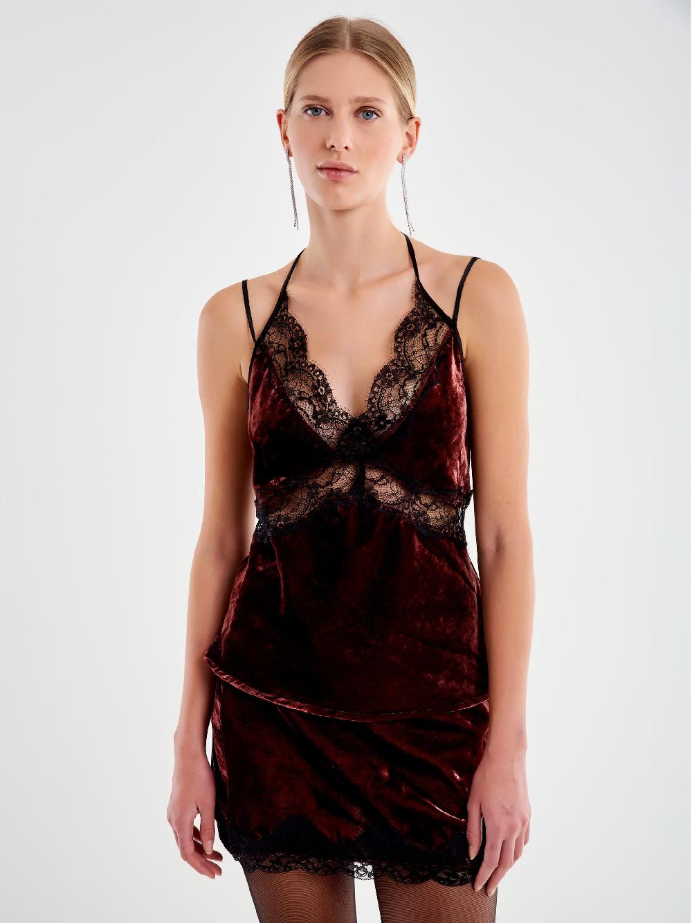 Vicolo Top in Pizzo e Velluto Bordeaux Offerte
