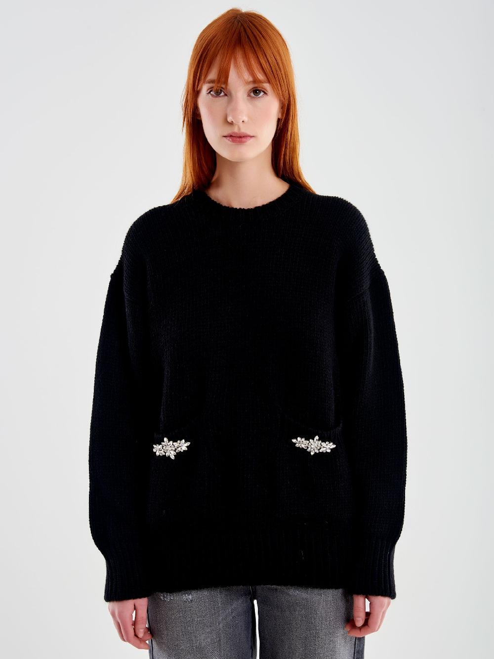 Vicolo Pull Girocollo con Cabochon Tasche Nero Offerta Pasqua