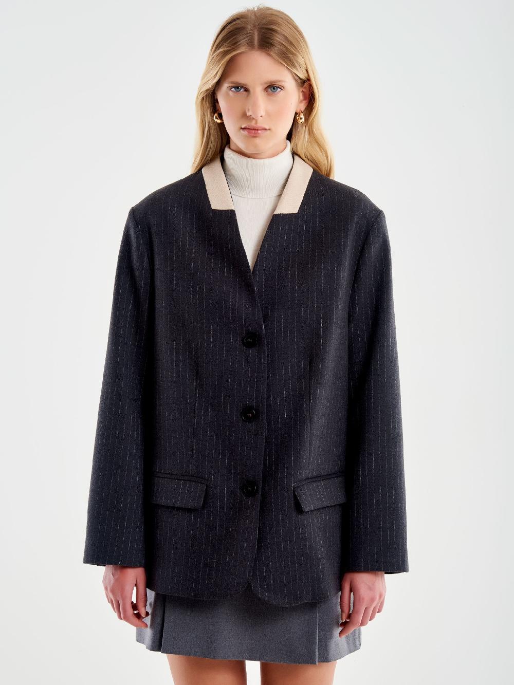 Vicolo Blazer Gessato Senza Revers Grigio Vendita calda