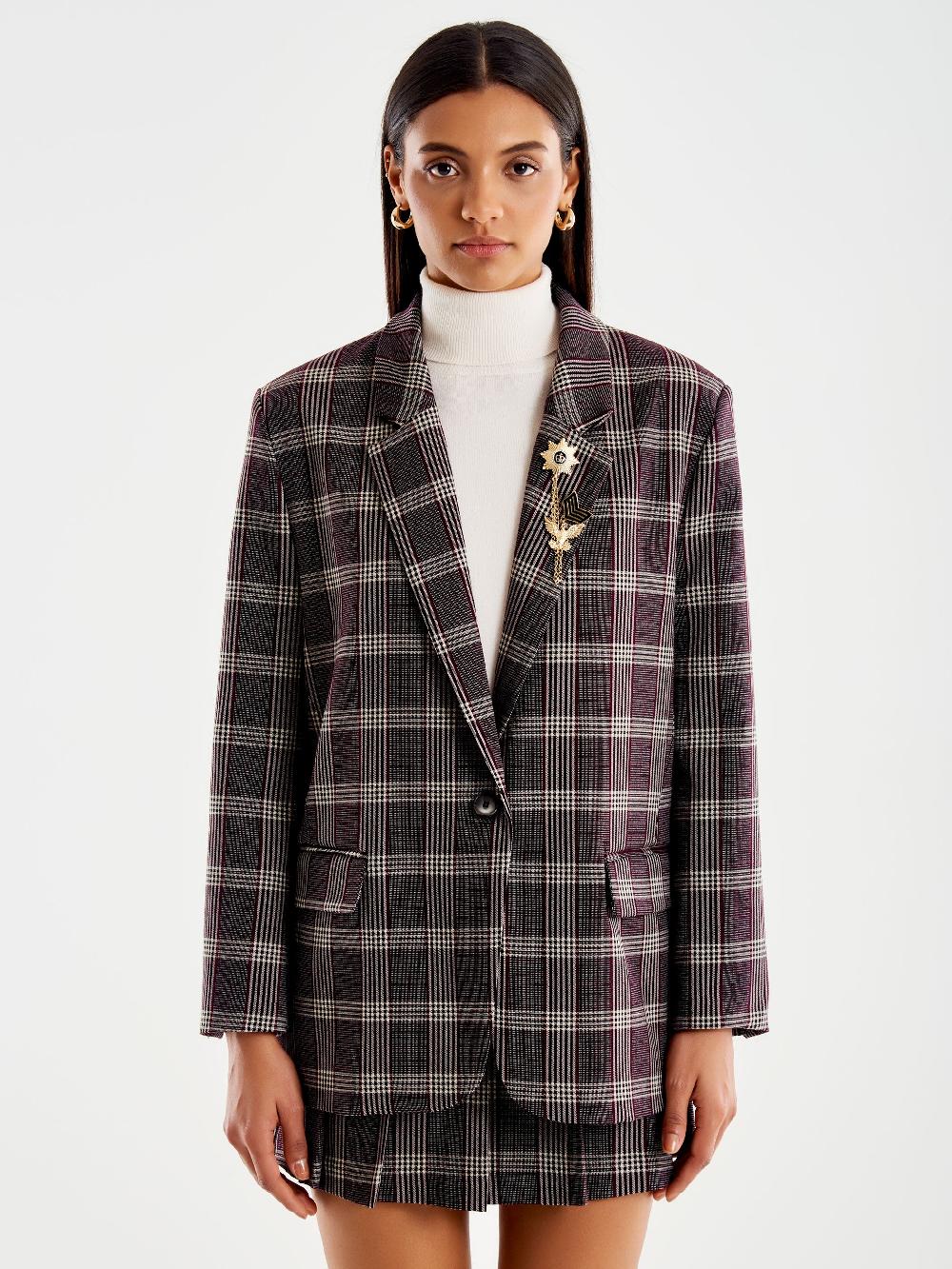 Vicolo Blazer Check Over Monopetto con Spilla Bordeaux Offerta temporanea