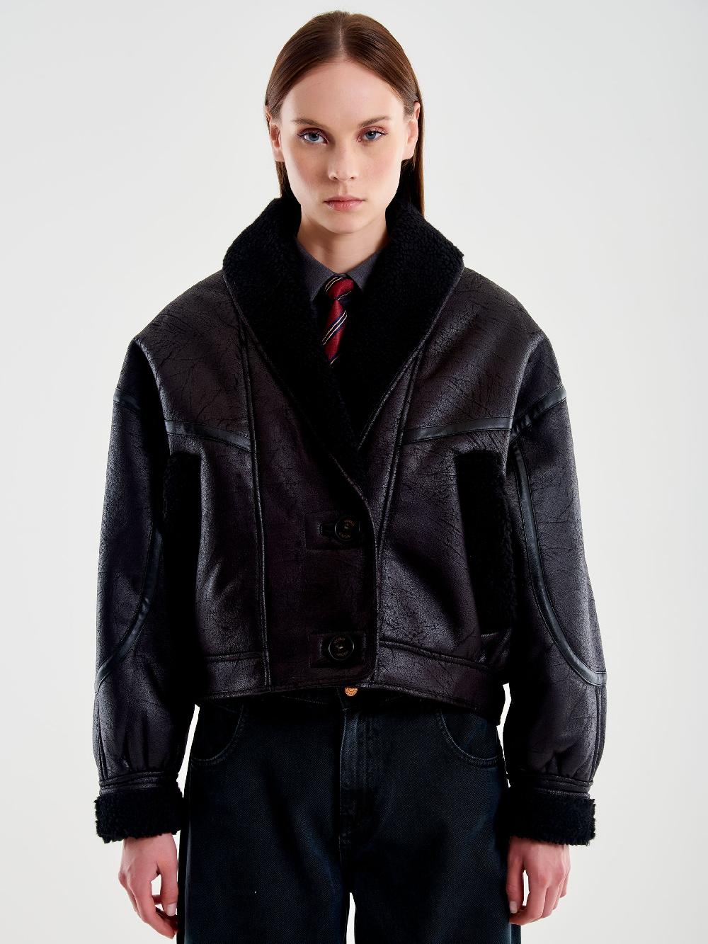 Vicolo Giubbotto Oversized effetto Pelle Nero Grandi sconti