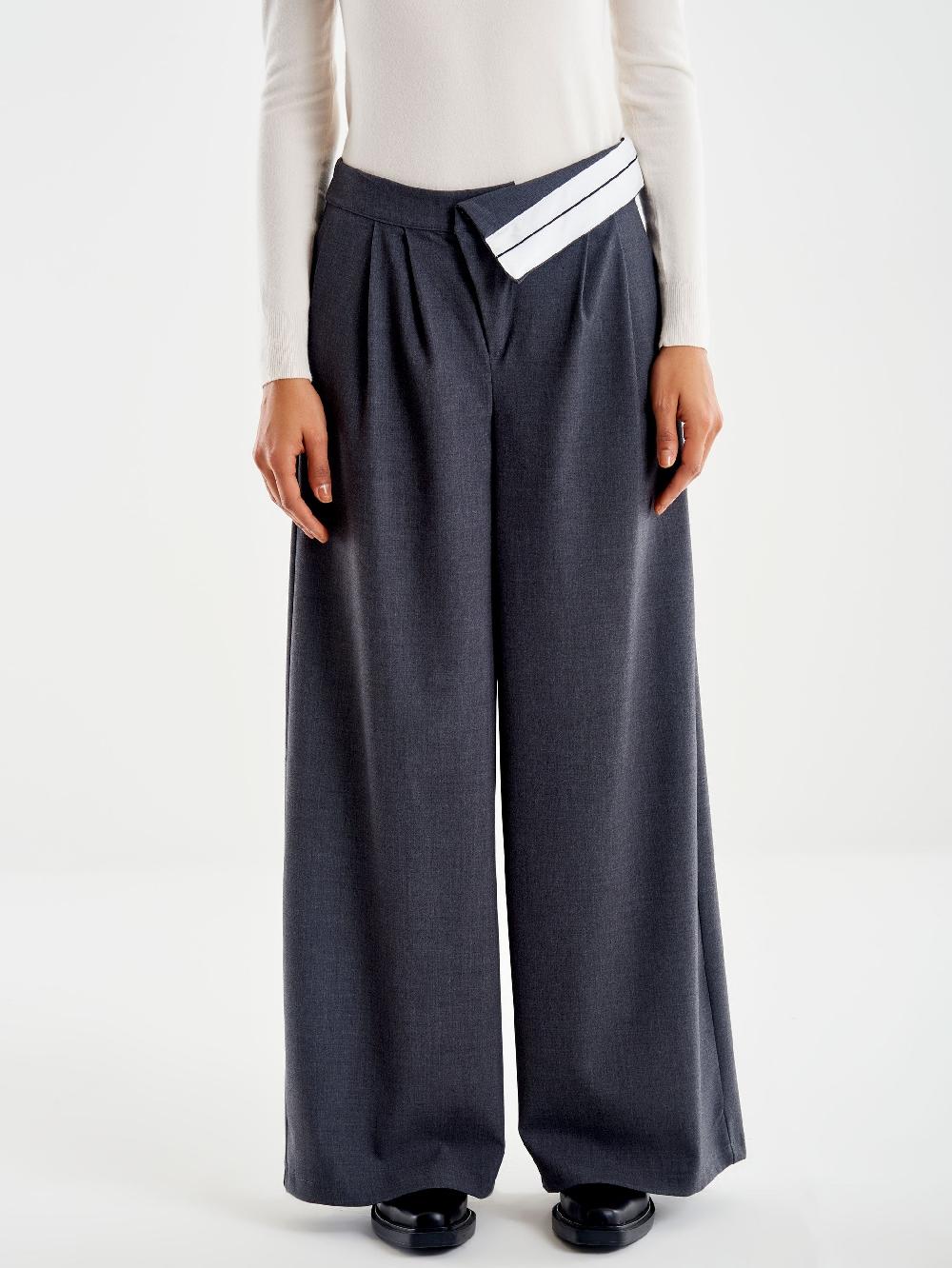 Vicolo Pantalone Ampio con Risvolto in Vita Grigio Qualità