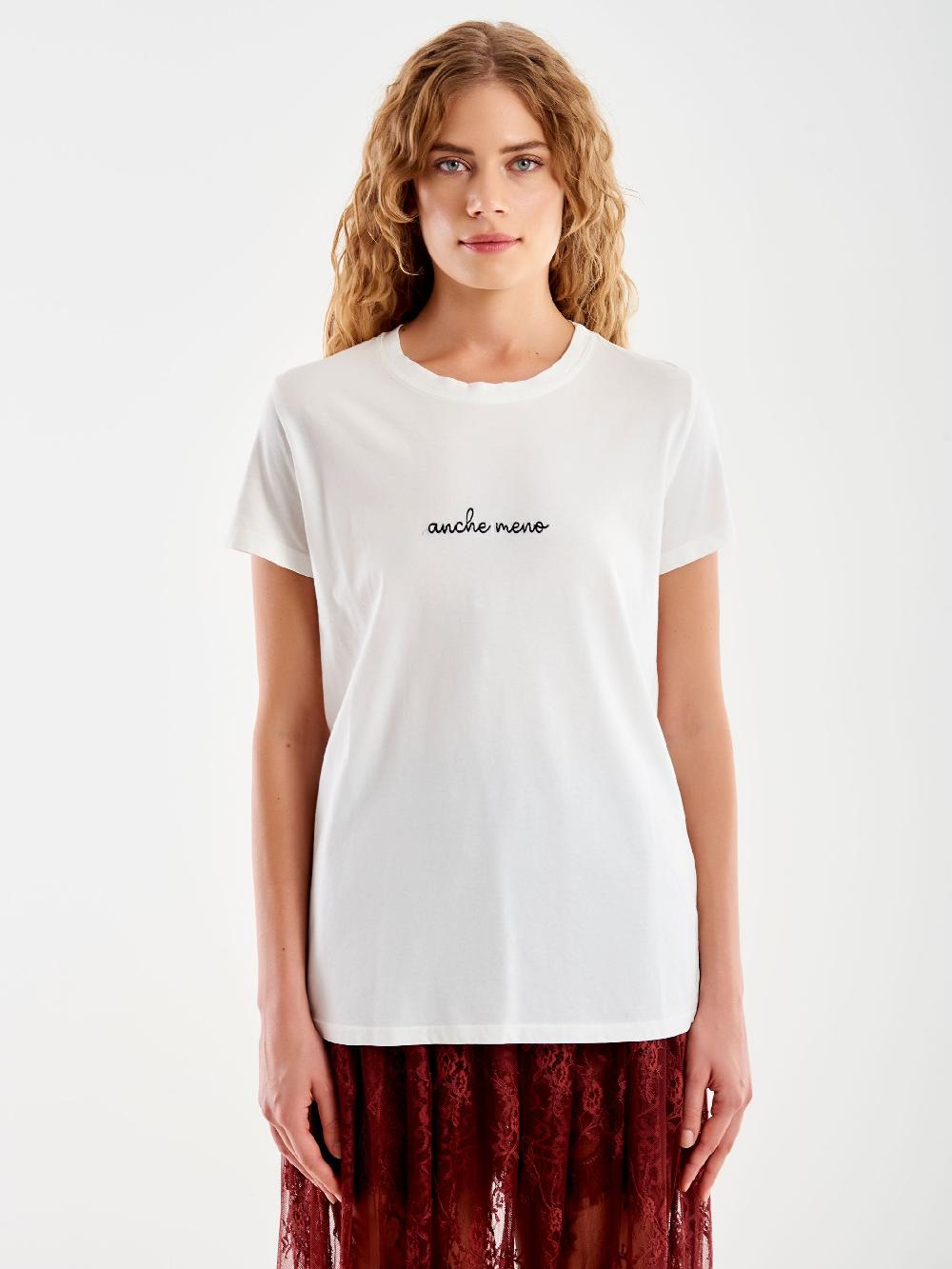 Vicolo T-Shirt Ricamata "Anche Meno" Bianco Vendita Economica