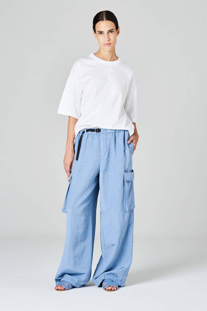 White sand Pantaloni cargo gamba ampia in misto rayon-viscosa
