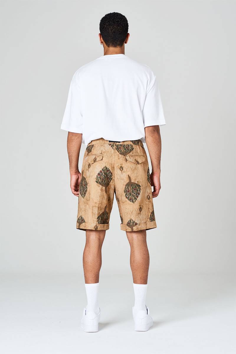 White sand Pantaloni corti in misto lino-cotone stampato con pinces e risvolto Prezzo di fabbrica