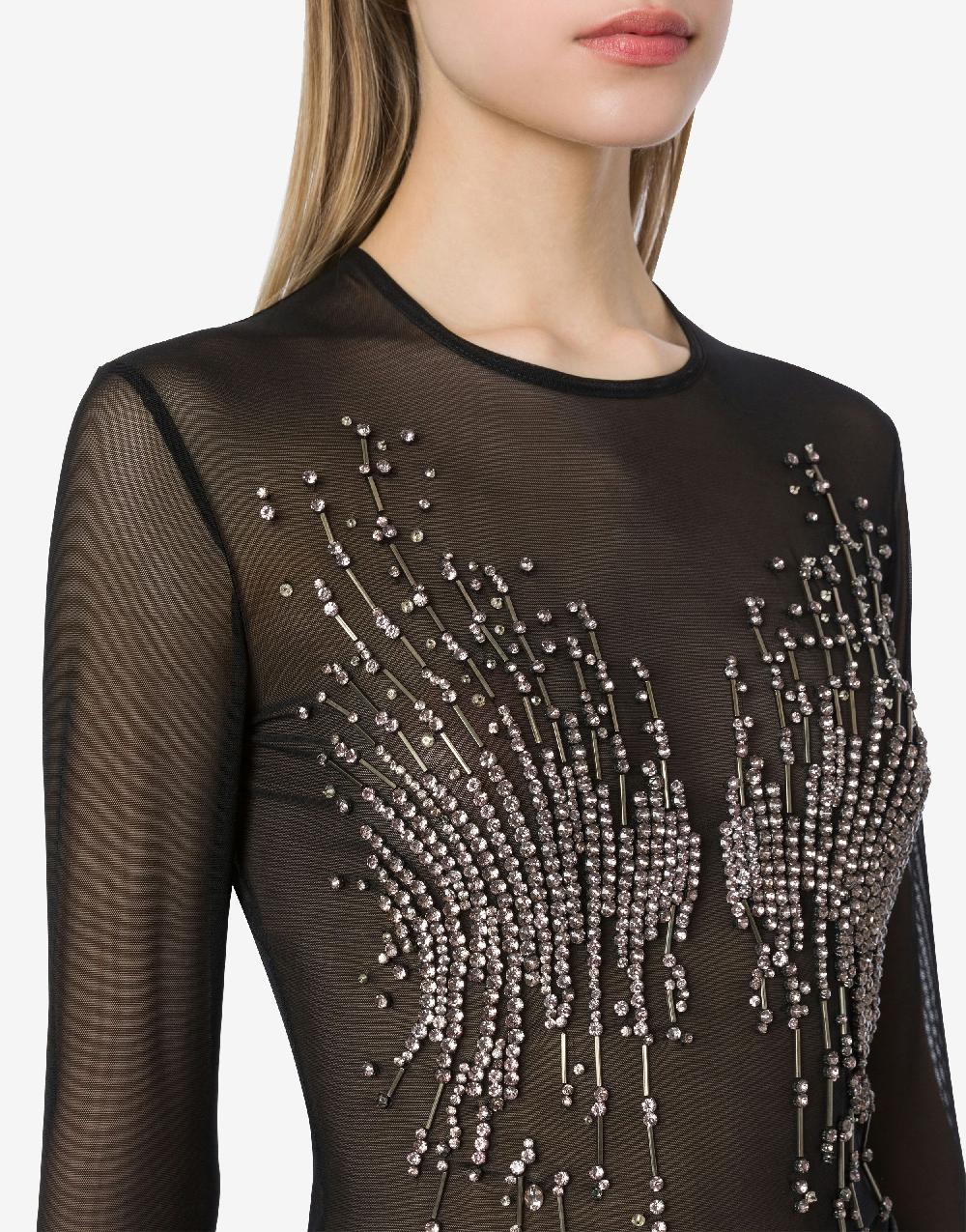 Alberta Ferretti T-shirt in tulle stretch con strass e perline Offerte esclusive
