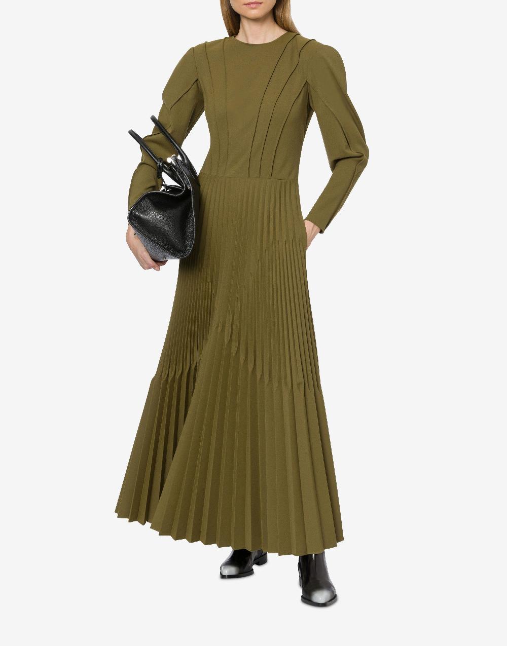 Alberta Ferretti Abito lungo in twill di lana stretch con plissé Nuovo