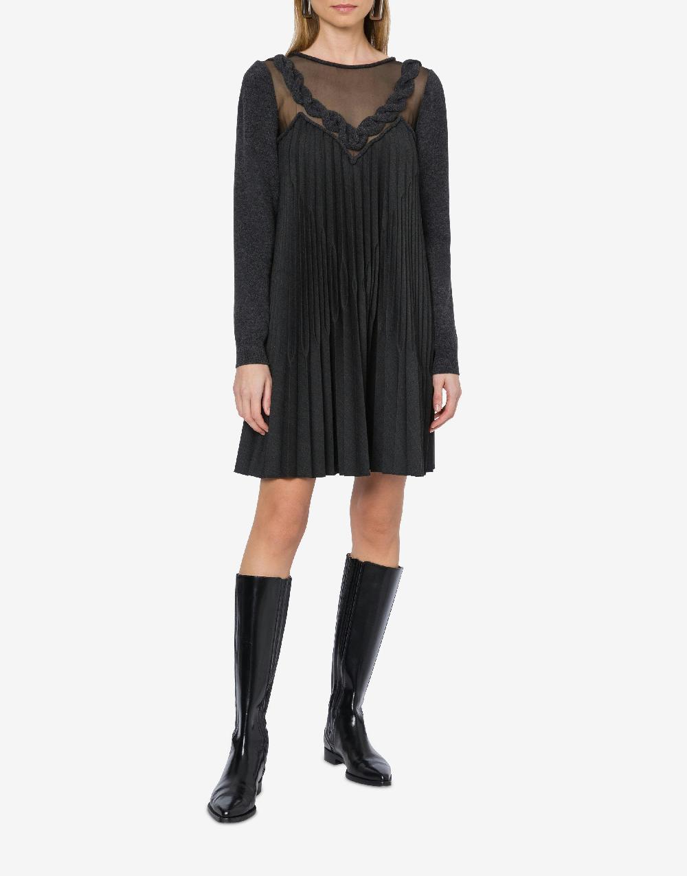 Alberta Ferretti Abito corto in twill di lana stretch con treccia Sottocosto