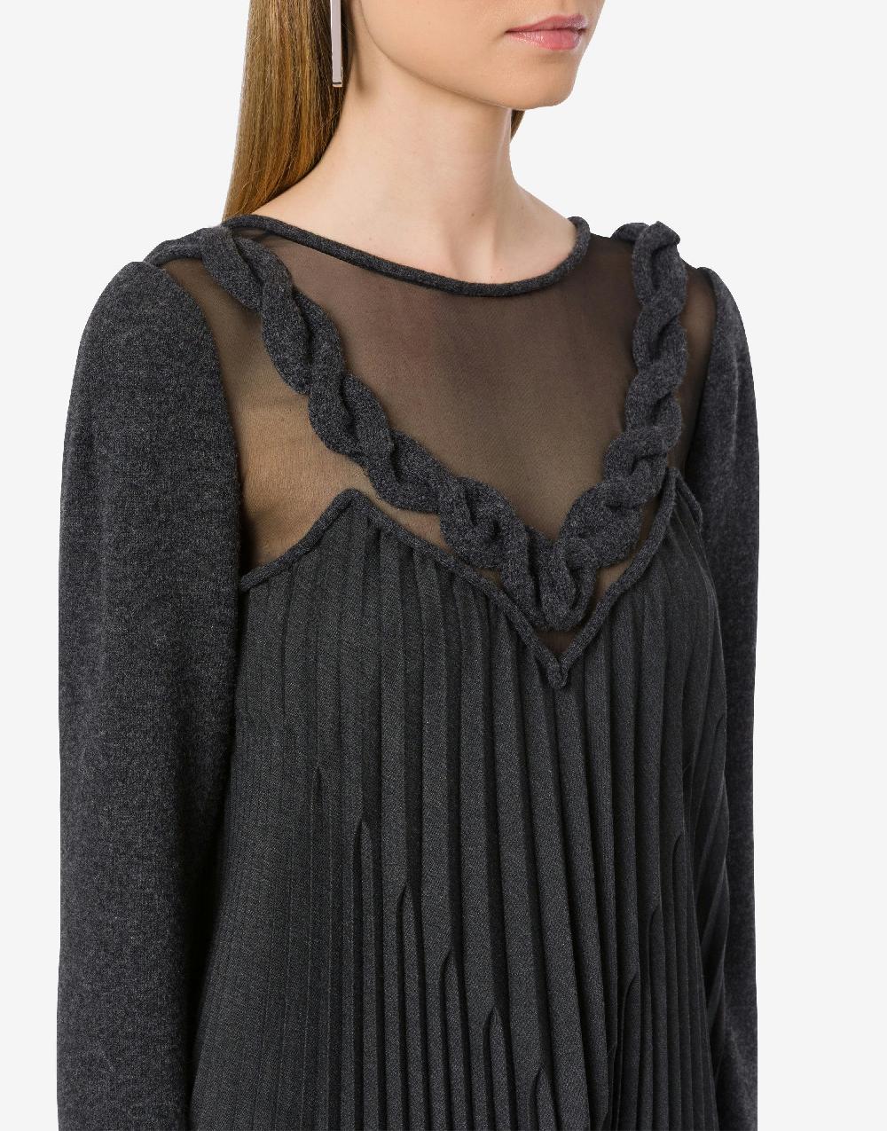 Alberta Ferretti Abito corto in twill di lana stretch con treccia Sottocosto