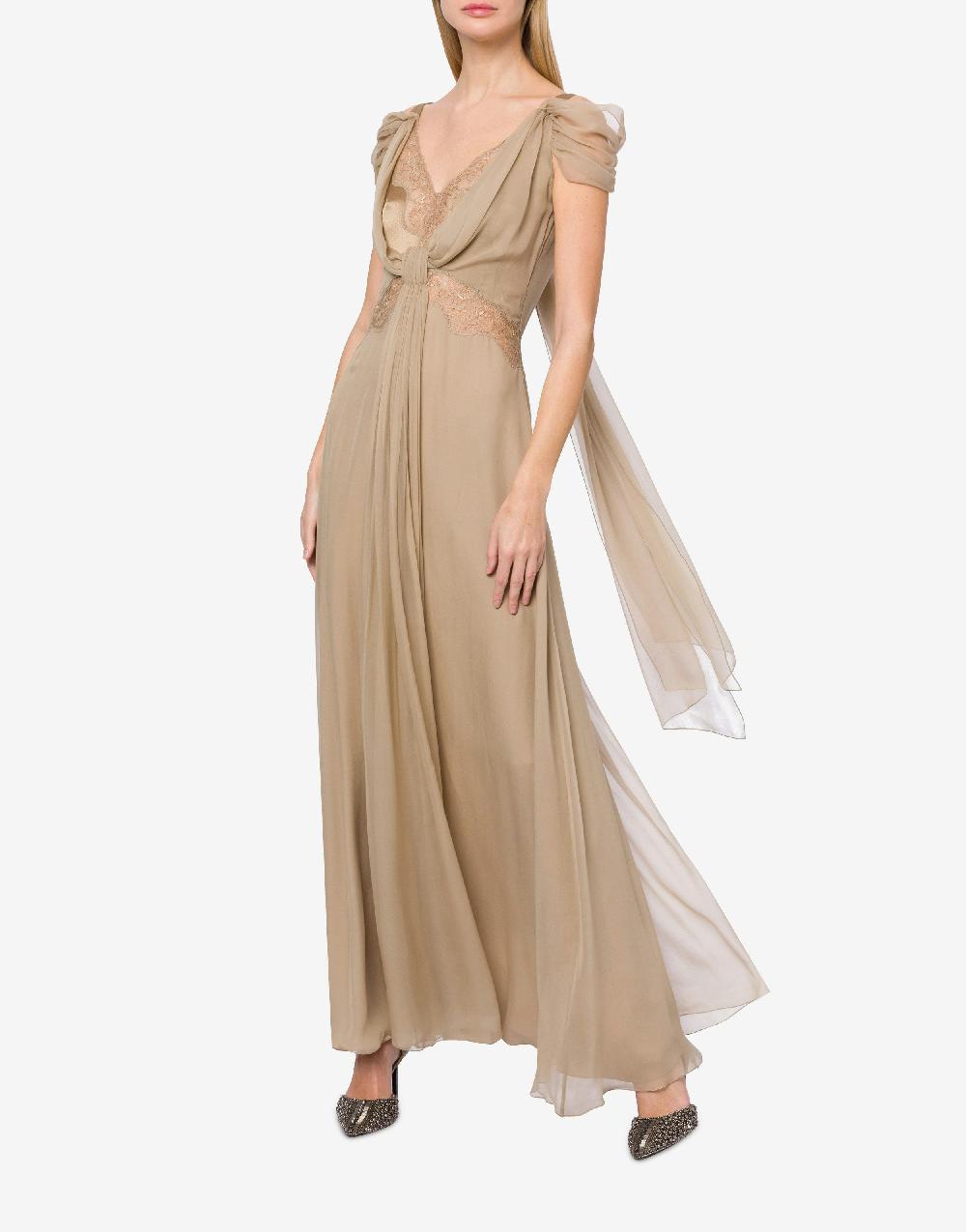Alberta Ferretti Abito in chiffon con pizzo e drappi Vendite Flash